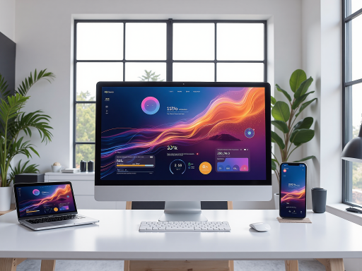 域名特色展示图，显示域名在不同设备上的应用效果，包括手机屏幕、电脑显示器和商标标识，背景为现代办公环境